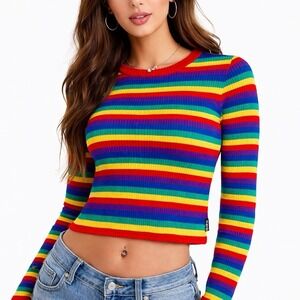 Unif Y2k Rainbow Stripe Crop Top XS Retro 2010s Crewneck Ribbed Long Sl Skater